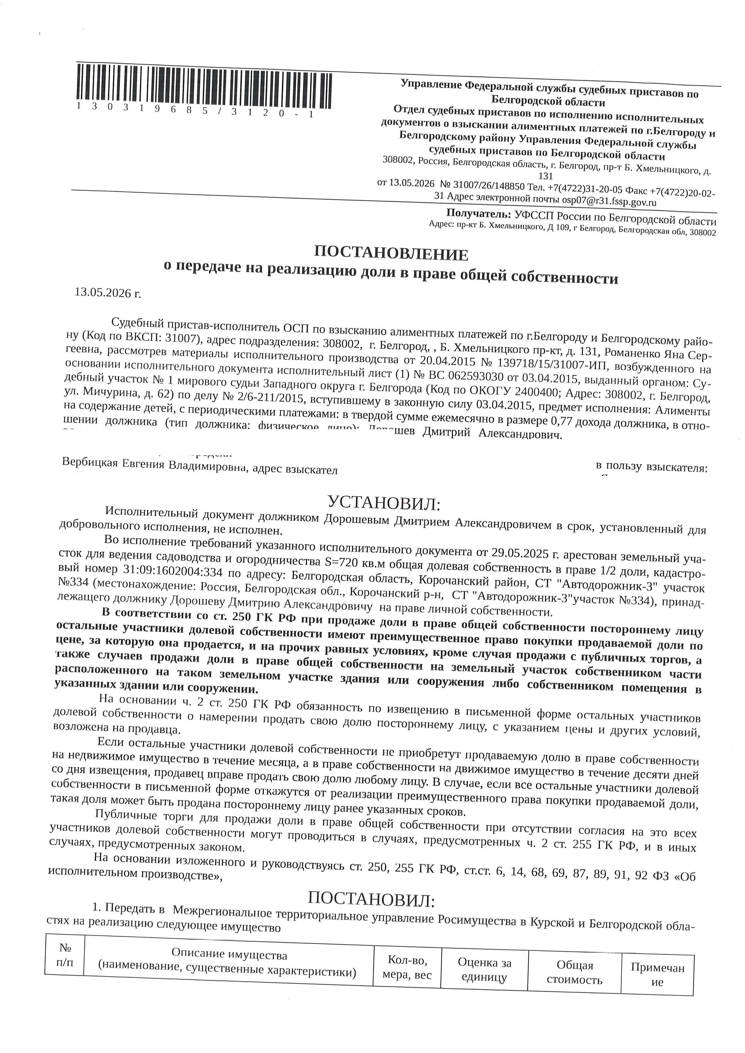 1/2 доля в праве общей долевой собственности на земельный участок площадью 720 кв. м, кадастровый номер 31:09:1602004:334. Имущество обременено: арест, запрещение регистрации. Имущество принадлежит на праве собственности Дорошеву Д.А. Граница земельного участка не установлена. Основание реализации: постановление о передаче на реализацию доли в праве общей собственности от 13.05.2026 № 31007/26/148850