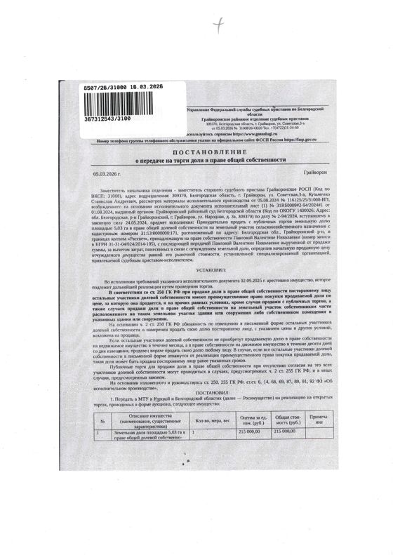 5,03 га в праве общей долевой собственности на земельный участок площадью 4564300 кв. м, кадастровый номер 31:13:0000000:171.  Имущество обременено: арест, запрещение регистрации, аренда. Имущество принадлежит на праве собственности Павловой В.Н. Взыскатель: Министерство имущественных и земельных отношений Белгородской области. Основание реализации: исполнительный лист Грайворонского районного суда Белгородской области от 01.08.2024 № 31RS0009#2-94/2024#1