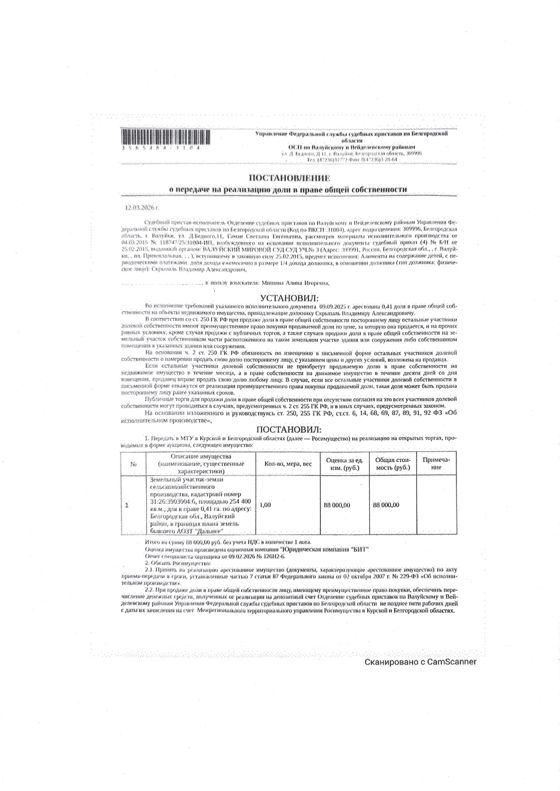 0,41 га в праве общей долевой собственности на земельный участок площадью 254400 кв. м, кадастровый номер 31:26:3903004:6.  Имущество обременено: арест, запрещение регистрации, аренда. Имущество принадлежит на праве собственности Скрыпаль В.А. Взыскатель: Мишина А.И. Основание реализации: заочное решение Валуйского районного суда Белгородской области от 07.11.2025 № 2-922/2025