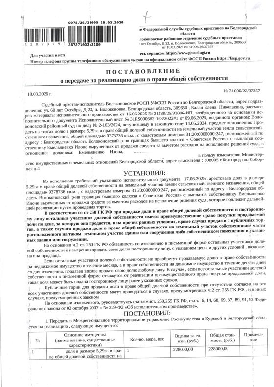 5,29 га в праве общей долевой собственности на земельный участок площадью 9325836 кв. м, кадастровый номер 31:20:0000000:247.  Имущество обременено: арест, запрещение регистрации. Имущество принадлежит на праве собственности Емельяненко И. Взыскатель: Министерство имущественных и земельных отношений Белгородской области. Основание реализации: исполнительный лист Волоконовского районного суда Белгородской области от 09.06.2025 № 31RS0006#2-163/2024#1