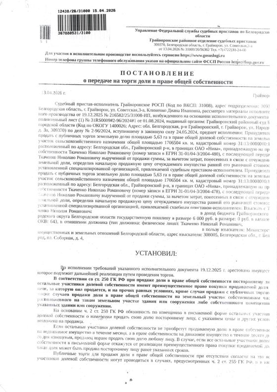5,63 га в праве общей долевой собственности на земельный участок площадью 1650204 кв. м, кадастровый номер 31:13:0000000:152. Имущество обременено: арест, запрещение регистрации. Имущество принадлежит на праве собственности Ткаченко Н.Р. Взыскатель: Министерство земельных и имущественных отношений Белгородской области. Основание реализации: исполнительный лист Грайворонского районного суда Белгородской области от 01.08.2024 № 31RS0009#2-96/2024#1