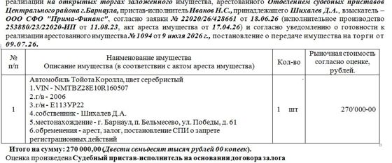 Лот№5 Автомобиль Тойота Королла, цвет серебристый VIN - NMTBZ28E10R160507 г/в – 2006 г/н - Е113УР22. Нач. цена 270000 руб. (Шихалев Д.А.., арест, залог, постановление СПИ о запрете регистрационных действий (1094)