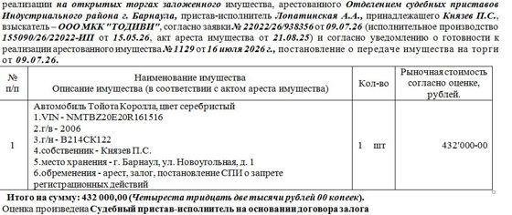 Лот№6 Автомобиль Тойота Королла, цвет серебристый  VIN - NMTBZ20E20R161516 г/в - 2006.г/н - В214СК122. Нач. цена 432000 руб. (Князев П.С.арест, залог, постановление СПИ о запрете регистрационных действий (1129)