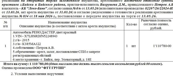 Лот№3 Автомобиль РЕНО ДАСТЕР, цвет красный VIN - X7LHSRDJN52248943 г/в – 2015 г/н - К385МА122. Нач.цена 1110780 руб. (Петров А.В., арест, залог, постановление СПИ о запрете регистрационных действий) (834)
