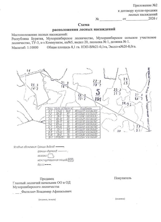 Право заключения договора купли-продажи лесных насаждений, расположенных на землях лесного фонда, для осуществления заготовки древесины в рамках реализации части 2 статьи 29.1 Лесного кодекса РФ,  Мухоршибирское  лесничество, сельское участковое лесничество ТУ № 3 колхоз "Коммунизм", квартал 5, выдел 20  площадь 8,1 га
