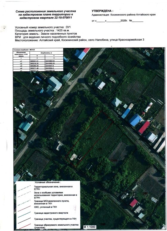 1. Земельный участок 22:19:070011:ЗУ1 расположен на кадастровом плане территории 22:19:070011, общей площадью 1425 кв.м. по адресу: Алтайский край, Косихинский муниципальный район, сельское поселение Налобихинский сельсовет, Налобиха село,  Красноармейская улица, 3 вид разрешенного использования - для ведения личного подсобного хозяйства.