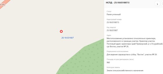 Земельный участок, земли сельскохозяйственного назначения, для ведения садоводства в с/общ. "Восток", участок №26, пл. 960 кв.м., кад.№ 25:18:031807:5, адрес: Местоположение установлено относительно ориентира, расположенного в границах участка. Ориентир участок. Почтовый адрес ориентира: Приморский край, Уссурийский район, сдт Восток, участок № 26. Соб-к Турко И.А.