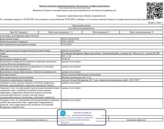 Земельный участок общей площадью 852 кв. м, кадастровый номер 38:05:120102:2478, категория земель - земли сельскохозяйственного назначения, вид разрешенного использования - ведение садоводства (код 13.2), местоположение: Иркутская обл., Зиминский р-н, садоводство «Молодость», 200.