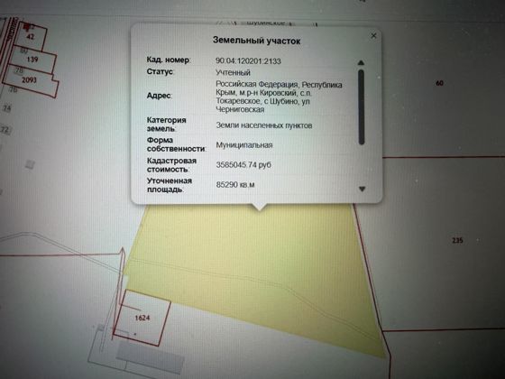 Земельный участок с кадастровым номером 90:04:120201:2133, площадью 85290 кв. м., расположенный по адресу: Республика Крым, муниципальный район Кировский, сельское поселение Токаревское, село Шубино, улица Черниговская; категория земель – «земли населенных пунктов»; вид разрешенного использования: скотоводство (код 1.8)