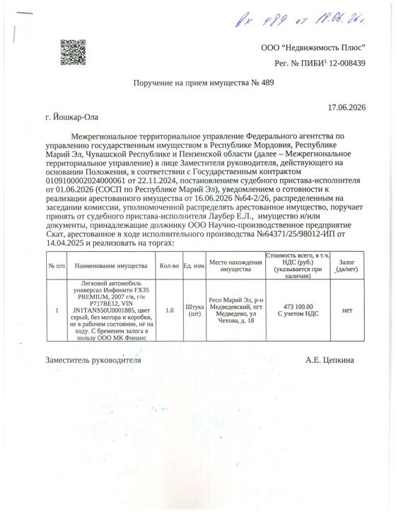 Легковой автомобиль универсал Инфинити FX35 PREMIUM, 2007 г/в, г/н Р717ВЕ12, VIN JN1TANS50U0001885, цвет серый, без мотора и коробки, не в рабочем состоянии, не на ходу