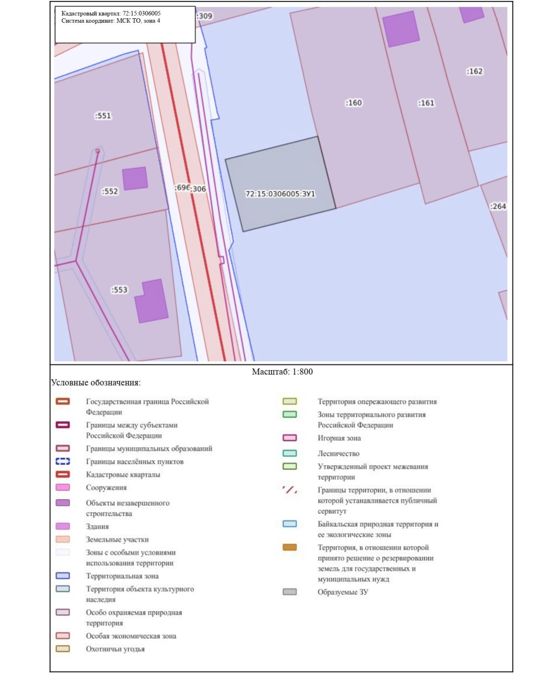 Земельный участок на праве аренды, кадастровый номер 72:15:0306005:ЗУ1, площадью 718 кв.м., местоположение:  Тюменская область, Сорокинский район, с. Большое Сорокино