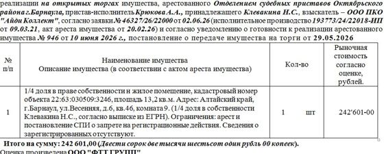 Лот№2 1/4 доля в праве собственности н жилое помещение, кадастровый номер объекта 22:63:030509:3246, площадь 13,2 кв.м. Адрес: Алтайский край, г.Барнаул, ул.Весенняя, д.6, кв.46, комната 9. Сведения о зарегистрированных отсутствуют. Нач.цена 206210 руб. 85 коп. (1/4 доля в собственности Клевакина Н.С., согласно выписке из ЕГРН, арест и постановление СПИ о запрете на регистрационные действия) (946) (повторные)