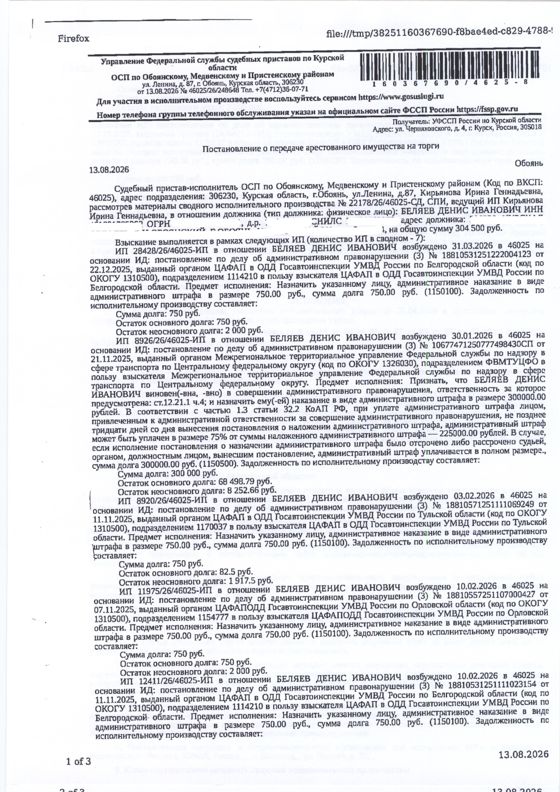 Транспортное средство Ssang Yong New Actyon, 2012 года выпуска, цвет - черный, государственный номер О828ТХ46, идентификационный номер (VIN) Z8UA0B1SSC0020389, номер кузова (прицепа) Z8UA0B1SSC0020389, номер двигателя 02541653 (имущество обременено: арест, запрет на совершение регистрационных действий). Должник – Беляев Д.И.