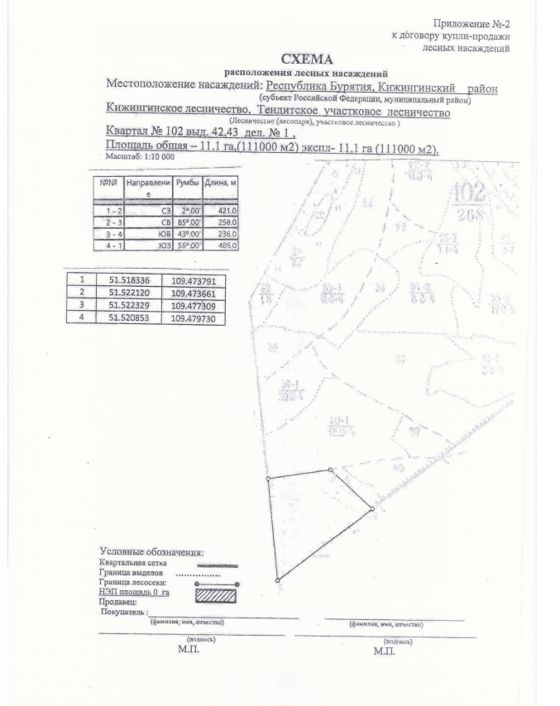 Право заключения договора купли-продажи лесных насаждений, расположенных на землях лесного фонда, для осуществления заготовки древесины в рамках реализации части 2 статьи 29.1 Лесного кодекса РФ,  Кижингинское лесничество, Тендитское участковое лесничество, квартал 102, выдел 42,43  площадь 11,1 га