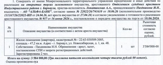 Лот№2 Жилое помещение (квартира), кадастровый № 22:63:030509:3005, площадь 47,2 кв.м., этаж – 1, адрес: Алтайский край, г. Барнаул, ул. Новосибирская, д. 1, кв. 48. Зарегистрированных лиц – 2 чел. Информация о задолженности по взносам на капитальный ремонт СПИ не предоставлена. Начальная цена 3 046 400 руб. 00 коп. (Паздникова И.Н., ипотека, запреты на совершение регистрационных действий, арест) (957) (повторные).