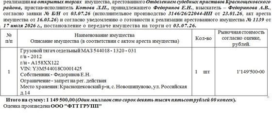 Лот№3 Грузовой тягач седельный МАЗ 544018 - 1320 – 031 г/в – 2012 г/н - А158ХХ122VIN: Y3M544018C0001425 Нач.цена 1149500 руб. (Федоринов Е.Н., запрет на рег. действия) (1139)
