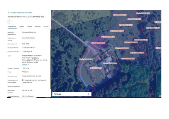 Земельный участок площадью 1196 кв.м., расположенный по адресу: Российская Федерация, Нижегородская область, м.о. город Бор, д. Белкино, з/у 83, с кадастровым номером: 52:20:0600036:323, с видом разрешенного использования - для индивидуального жилищного строительства