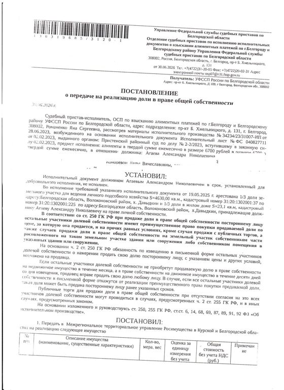 1/3 доля в праве общей долевой собственности на земельный участок площадью 4630 кв. м, кадастровый номер 31:20:1302001:37; 1/3 доля в праве общей долевой собственности на жилой дом площадью 23,1 кв. м, кадастровый номер 31:20:1302001:225.  Имущество обременено: арест, запрещение регистрации. Границы участка не установлены. Имущество принадлежит на праве собственности Агаеву А.Н. Основание реализации: постановление о передаче на реализацию доли в праве общей собственности от 30.06.2026