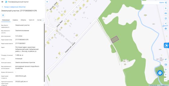 - право на заключение договора аренды ЗУ с КД 27:17:0600601:576, расположенного по адресу: Хабаровский край, Хабаровский район, с. Восход, в районе ул. Украинская, площадью 1496кв.м, категория земель–земли населенных пунктов, вид разрешенного использования – для ведения личного подсобного хозяйства (приусадебный участок), цель использования –для ведения личного подсобного хозяйства (приусадебный участок).