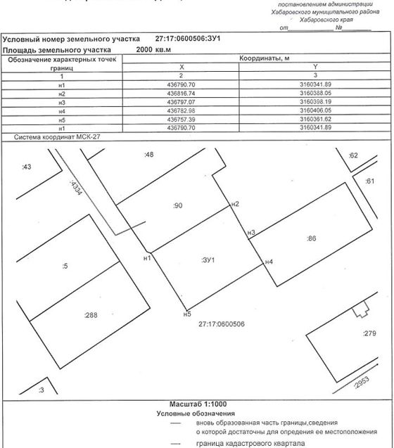земельный участок, площадью 2000 кв.м., расположенный по адресу: Хабаровский край, Хабаровский район, с. Бычиха, примыкает к земельному участку с кадастровым номером 27:17:0600506:90, категория земель – земли населенных пунктов, цель использования – для ведения личного подсобного хозяйства (приусадебный земельный участок) (код по классификатору 2.2)