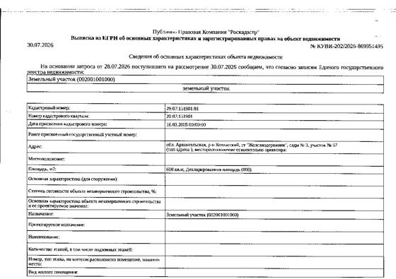 Земельный участок площадью 600 кв.м, кадастровый номер 29:07:151901:81, категория земель - земли сельскохозяйственного назначения, вид разрешенного использования - для ведения садоводства и огородничества. Границы земельного участка не установлены.