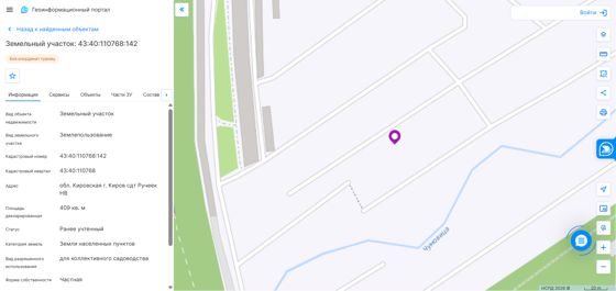 Доля в праве общей долевой собственности (1/4 доли) на земельный участок площадью 409 кв. м, кадастровый номер 43:40:110768:142, категория земель: земли населенных пунктов, вид разрешенного использования: для коллективного садоводства. Местонахождение: Кировская область, г. Киров, сдт Ручеек НВ