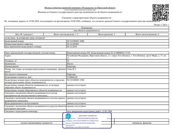 1/5 доля в праве общей долевой собственности на жилое помещение общей площадью 36 кв. м, кадастровый номер 38:32:020401:5688, местоположение: Иркутская обл., г. Усть-Илимск, пр-кт Мира, д. 31, кв. 11.
