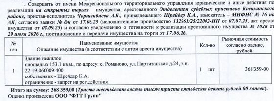 Лот№1 Нежилое здание, 2014 г.п., кадастровый № 22:19:060009:400, площадь 153,1 кв.м., количество этажей - 1, адрес: Алтайский край, Косихинский район, с. Романово, ул. Партизанская, д. 24. Начальная цена 313 105 руб. 15 коп. (Шрейдер К.А., запреты на совершение регистрационных действий) (1028) (повторные).