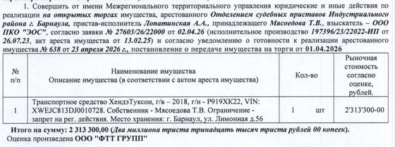 Лот№1 Автомобиль Хендэ Туксон, 2018 г.в., г/н Р919ХК22, VIN XWEJC813DJ0010728. Начальная цена 1 966 305 руб. 00 коп. (Мясоедова Т.В., запрет на совершение регистрационных действий) (638) (повторные).