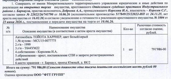 Лот№4 Автомобиль Тойота Харриер, 1999 г.в., г/н Т644УМ22, номер кузова MCU15-0077775, цвет: белый/серый. Начальная цена 673 188 руб. 10 коп. (Королева И.А., запрет на совершение регистрационных действий, арест) (1004) (повторные).