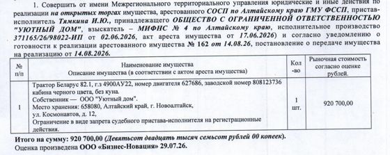 Лот№13 Трактор Беларус 82.1, г/н 4900АУ22, заводской номер 808123736, номер двигателя 627686, кабина черного цвета, без куна. Начальная цена 920 700 руб. 00 коп. (ООО «Уютный дом», запрет на совершение регистрационных действий) (162/сосп).