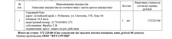 Гаражный бокс, кадастровый № 22:70:010801:273, площадь 16,8 кв.м., адрес: Алтайский край, г. Рубцовск, ул. Светлова, д. 37Е, бокс 64. Начальная цена 146 391,25 руб. (Фрибус Г.В., арест, запрещения регистрации) (1036) (повторные)