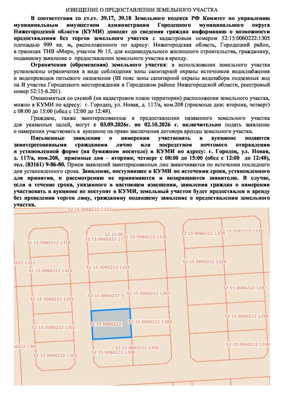Земельный участок с кадастровым номером 52:15:0060222:1305