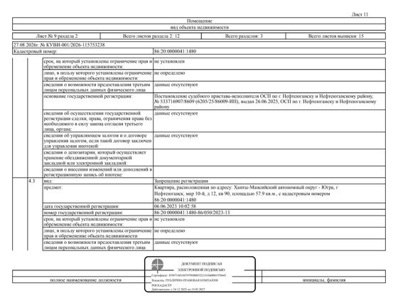 1/4 доля жилого помещения (квартиры), площадь 57,9 кв.м., кадастровый номер: 86:20:0000041:1480, г. Нефтеюганск, мкр. 10-й, д. 12, кв. 90, рег. № 26-552;