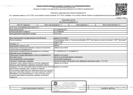 земельный участок общ.пл. 1200 кв.м. кадастровый № 47:14:0802002:879, расположенный по адресу: ЛО, Ломоносовский район, МО Лопухинское с.п., ЗАО "Лопухинка", уч. 1КП