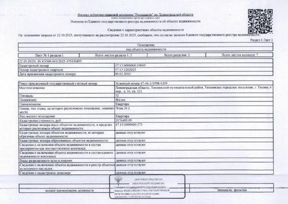 квартира обш.пл. 32 кв.м. кадастровый № 47:13:0000000:19049, расположенная по адресу: ЛО, Тихвинский мун. район, Тихвинское г.п., Тихвин, 6 мкр., д. 16, кв. 221