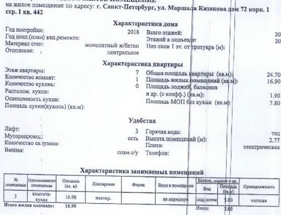 квартира общ. пл. 24,7 кв.м. кад.№ 78:40:0008341:36583 по адресу: Санкт-Петербург, муниципальный округ Южно-Приморский, улица Маршала Казакова, дом 72, корпус 1, строение 1, квартира 442