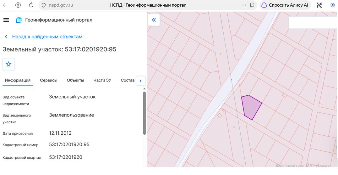 Земельный участок с кадастровым номером 53:17:0201920:95