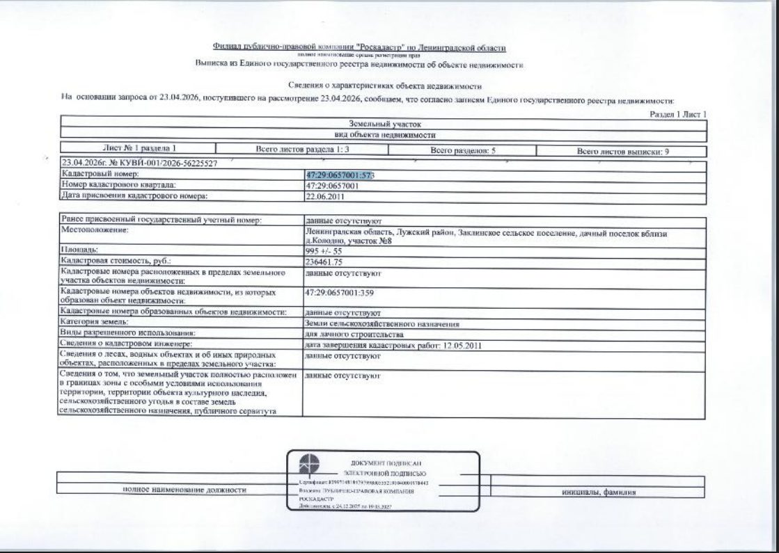 Земельный участок общей пл. 995 ,кадастровый номер№ 47:29:0657001:573(Земли сельскохозяйственного назначения для дачного строительства),расположенный по адресу: Ленинградская область, Лужский район,Заклинское сельское поселение, дачный поселок вблизи д.Колодно, участок №8
