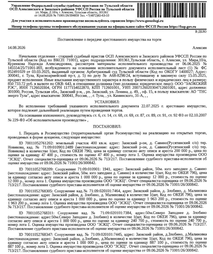 Сооружение, назначение: 1.1. сооружения электроэнергетики, наименование: электроснабжение жилищного комплекса в н.п. Злобино-Малиновка, протяженность 1585 м, кадастровый номер 71:09:020101:7445, местоположение: Тульская область, Заокский р-н, д. Злобино, д. Малиновка. Сооружение расположено в пределах з/у с к.н. (см. Извещение), сведениями о правообладателях Организатор торгов не располагает. Взыскатель: АО «ТНС энерго Тула». Должник: ООО «Заокский РЭС».