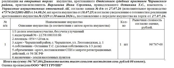 Лот№1 1/3 доля в земельном участке, без учета улучшений  кадастровый № - 22:58:080310:86 площадь - 854+/-20 кв.м. адрес - Чарышский район, с. Чарышское, ул. Лесозаводская, д. 1. Нач.цена 96767 руб. (Останина Т.С. (долевая собственность 1/3 доли), арест, постановление СПИ о запрете регистрационных действий, ст 56 ЗК РФ) (1229)