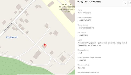 Нежилое (техническое) здание, кол-во эт.1 (в т.ч. подземных 0), пл.124,2кв.м., кад.№25:15:260101:253, адрес: Приморский край, Пожарский район, с.Красный Яр, ул.Новая, д.1а, соб-к  Территориально-соседская община коренных малочисленных народов "Тигр" с. Красный Яр Пожарского района Приморского края ИНН 2526008038