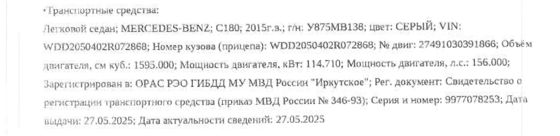 Автотранспортное средство Mercedes-Benz C 180, 2015 года выпуска, идентификационный номер (VIN) WDD2050402R072868.