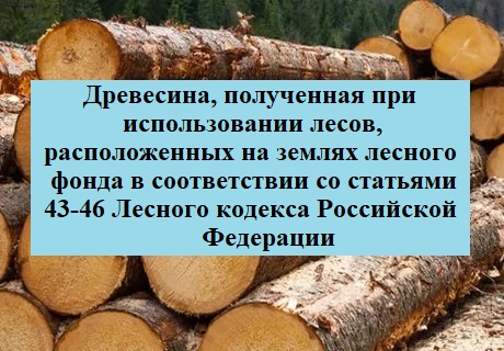 Продажа древесины, которая получена при использовании лесов, расположенных на землях лесного фонда, в соответствии со статьями 43 - 46 Лесного кодекса Российской Федерации, в соответствии с постановлением Правительства Российской Федерации от 23.07.2009 № 604
