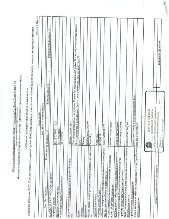 Квартира 52,9 м², с. Новые Параты, Марий Эл