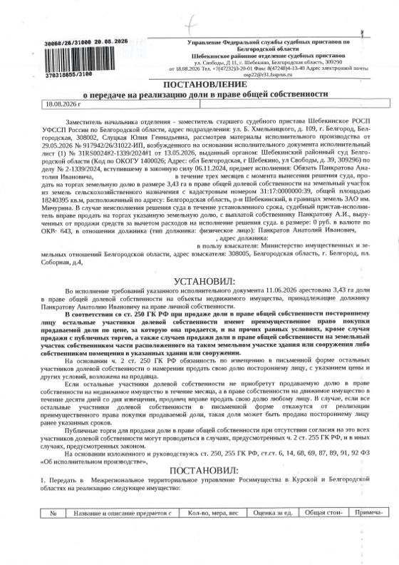 Земельный участок 1 824 га, сельхозназначение, Белгородская обл.